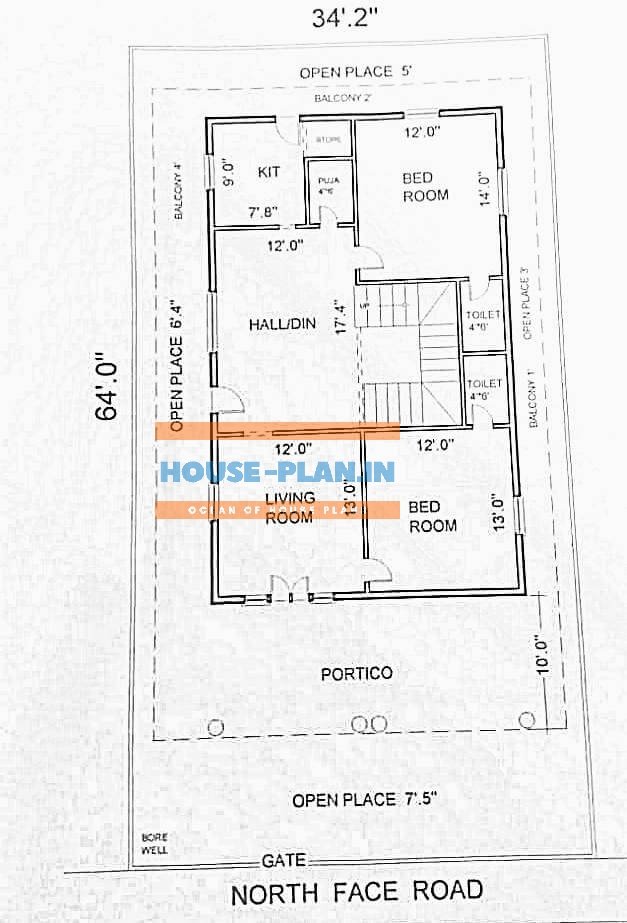 east face house plan design 34×64 ground floor
