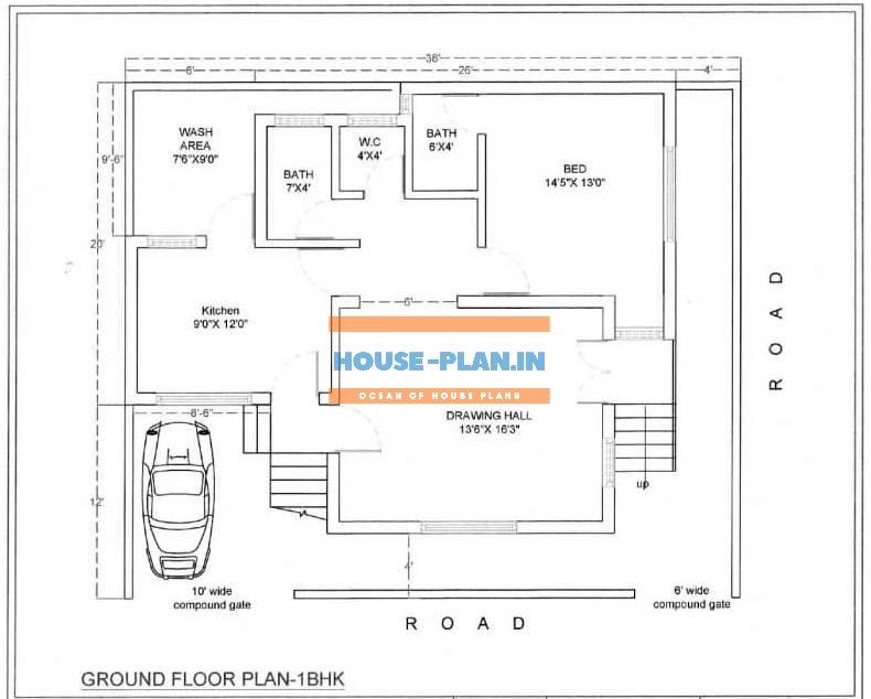 single bedroom house plan 36×32