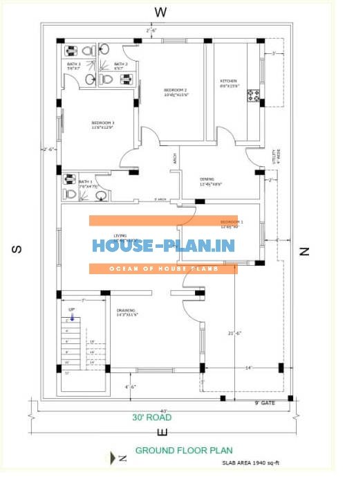south facing house plan 40×65 ground floor 1