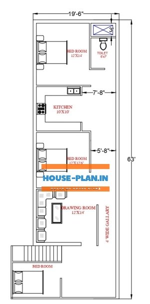 two bedroom house plan 19×63
