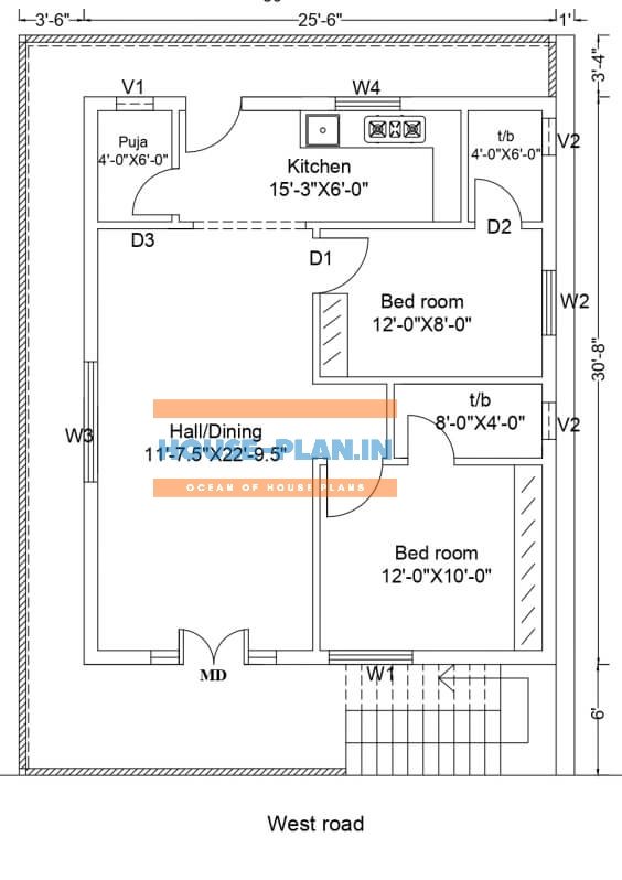 2 bedroom house plan east facing 25×30 for ground floor