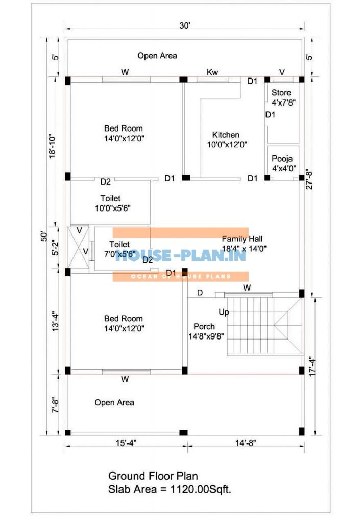 30 50 House Plan East Facing With Two Side Open Area Living Hall Kitchen