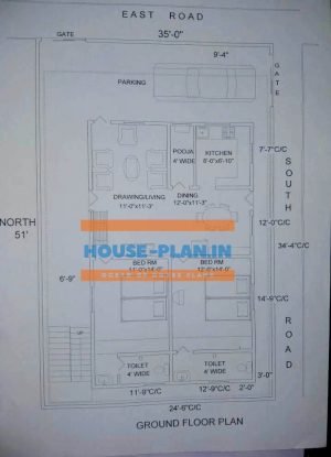 35×51 east facing house vastu plan with pooja room