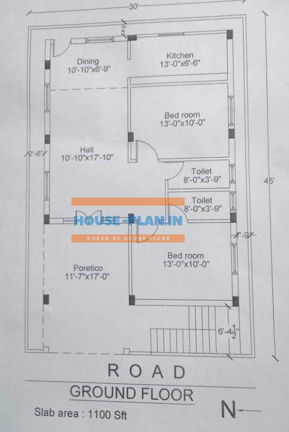 north-facing-house-plan-according-to-vastu-30×45-ground-floor-1
