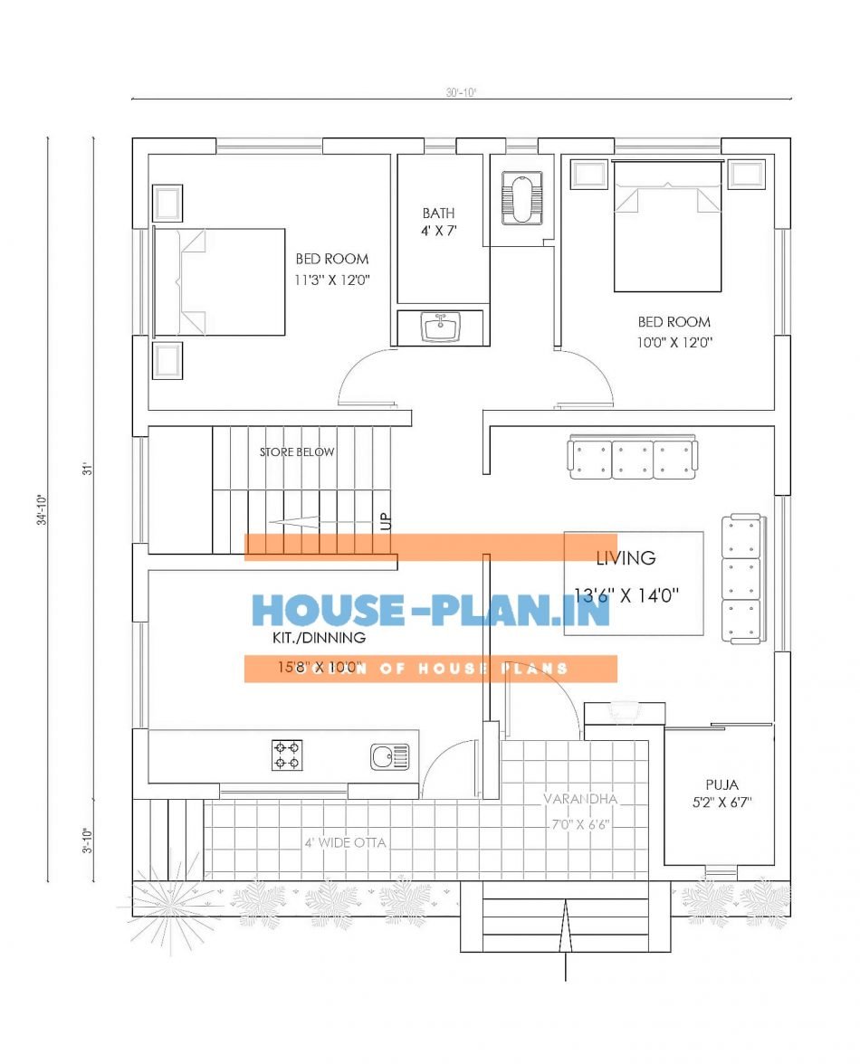 2bhk House Plan East Facing With Verandah 2bedroom Living Hall