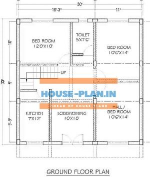 30x30 house plan with dining room , 2 bedroom ,and kitchen ,one toilet ,hall and bedroom attached best 900 sqft house plan