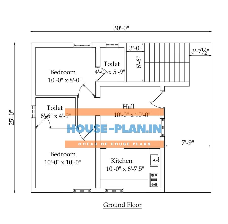 750 Sq Ft House Plan With 2 Bedrooms Living Hall Kitchen