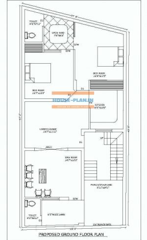 house plan design india with porch ,drawing room , lobby , 2 bedroom and kitchen , two toilet only ground floor house plan