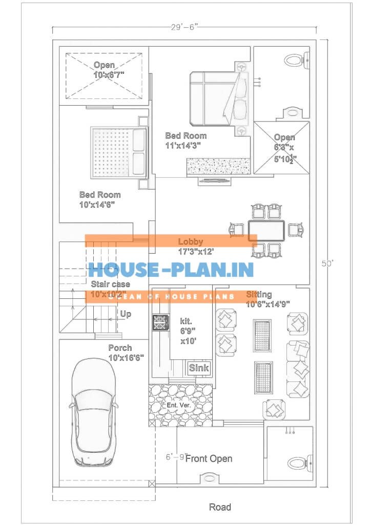 30 50 House Plan With Single story Porch Lobby sitting Area