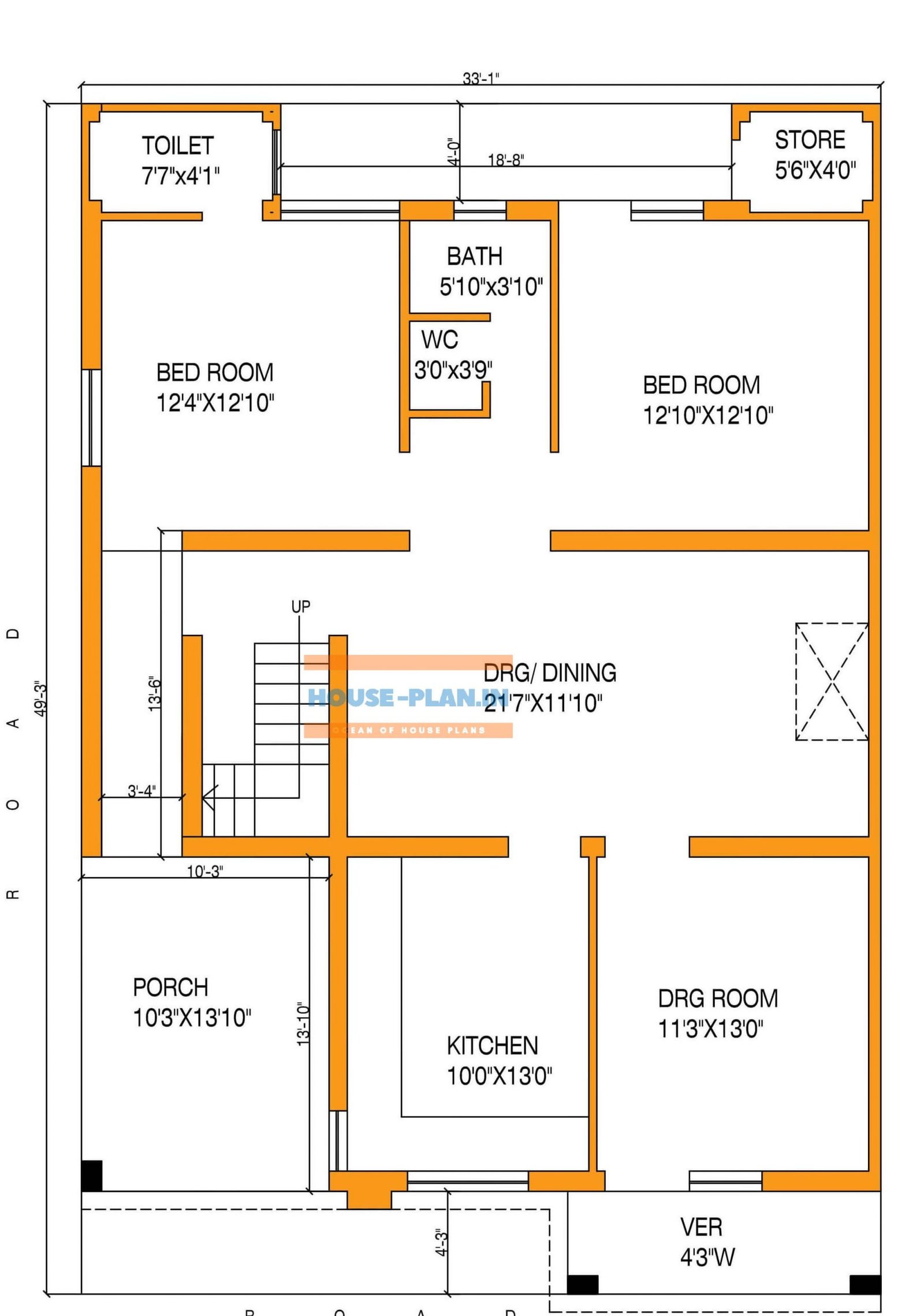 Double Story House Plan With 3 Bedrooms And Living Hall